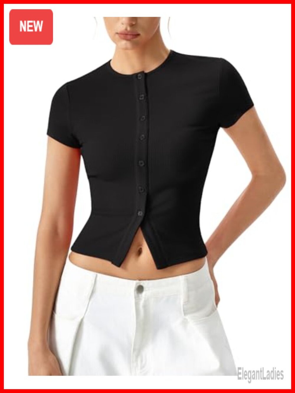 Ribbed Knit Slim Fit Short Sleeve Button Front Going Out Top